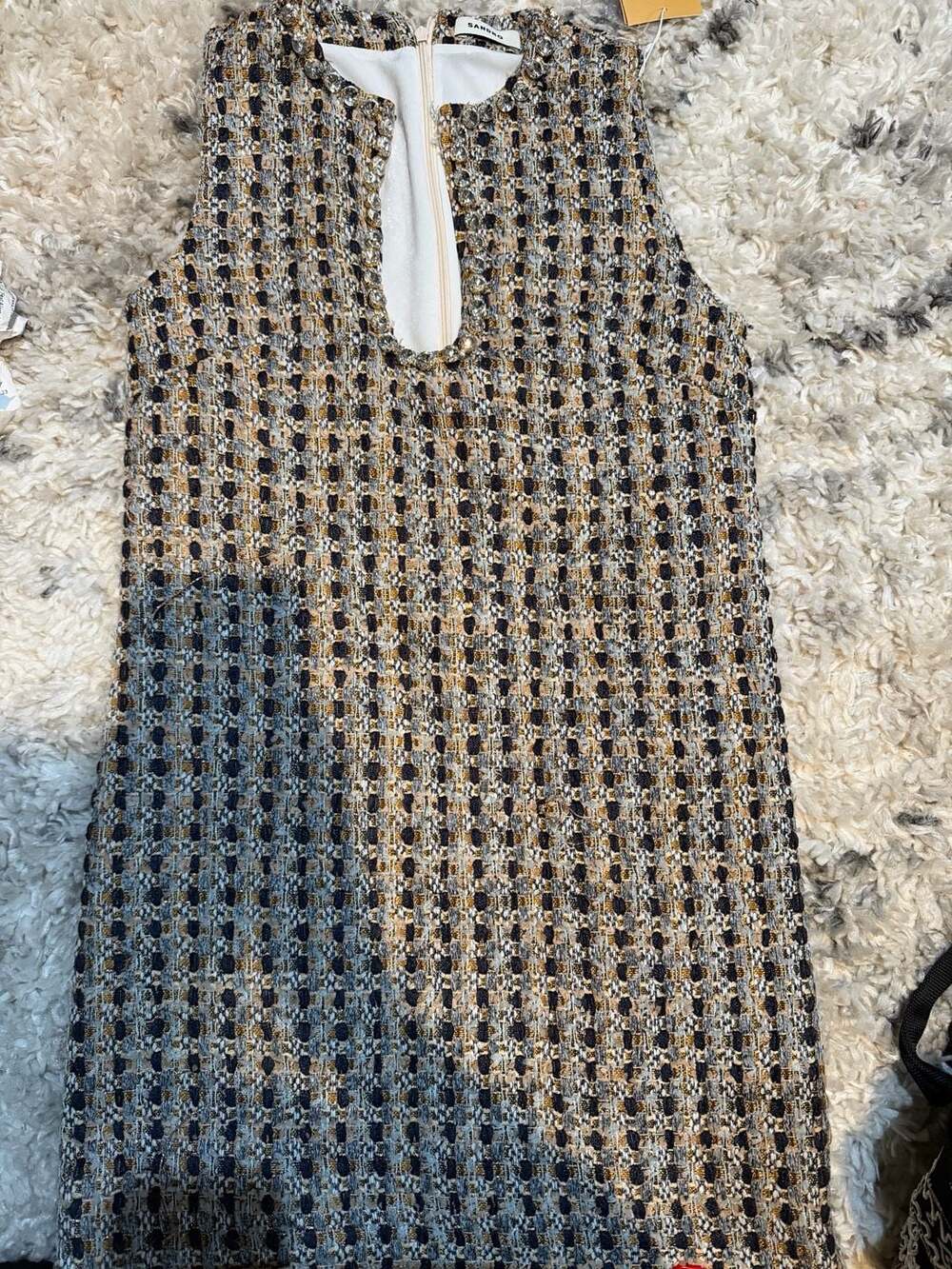Sandro Twiggy Camel/Marine Rhinestone-Embellished Tweed Mini Dress